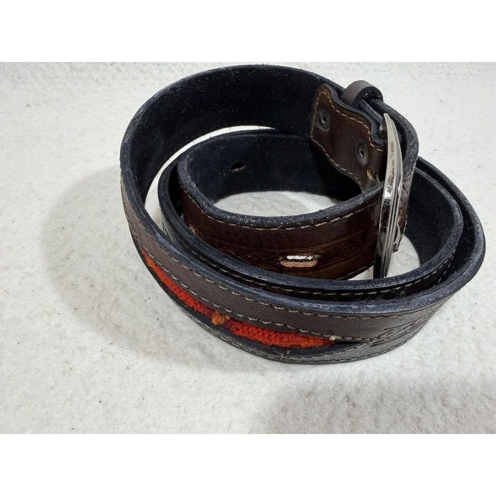 Vintage Leather Belt Western Tooled Brown Wool Inlay Boho Rustic 36